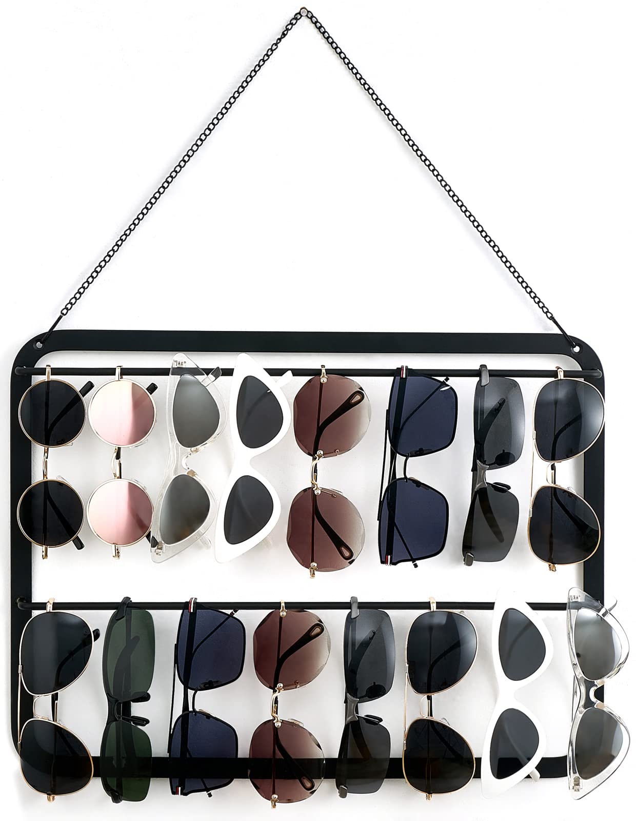 Mkono Sunglasses Organizer Hanging Glasses Storage Holder for Wall and Door Metal 2 Tier Eyeglasses Rack Holds Up to 16 Sunglasses Modern Wall Mount Sunglass Eyewear Display Hanger, Black