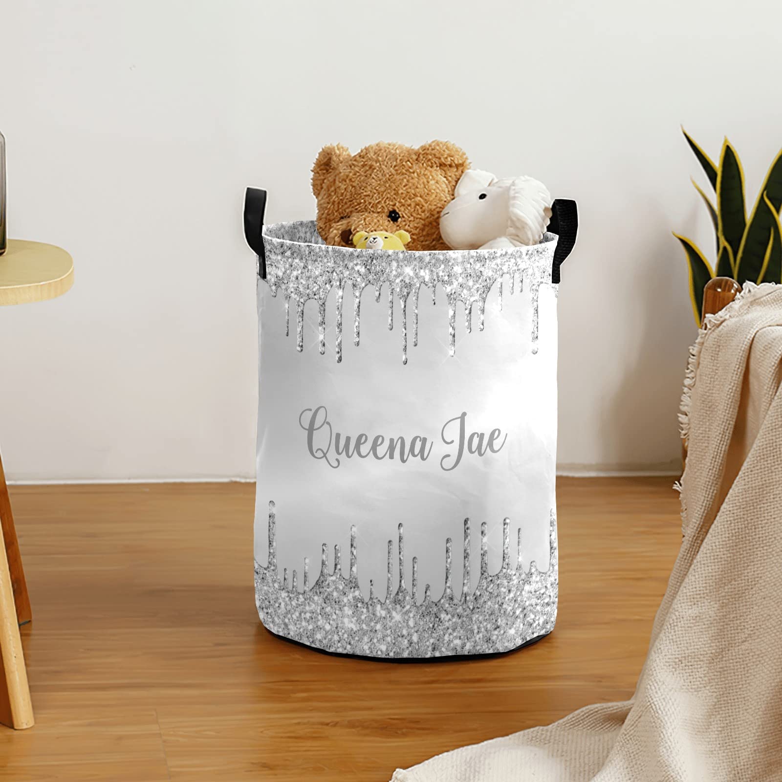 Silver Dripping Glitter Metallic Storage Bin, Waterproof Oxford Fabric Clothes Basket Organizer for Laundry Hamper,Toy Bins,Gift Baskets, Bedroom, Clothes,Baby Nursery