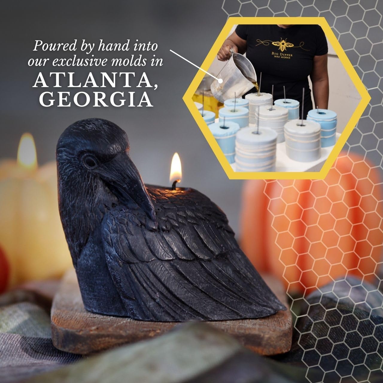 Big Dipper Wax Works Black Crow Candle, 24-Hour Long Burn, Pure Beeswax Sculpted Candle, 3.5” x 4”, Spooky Candle