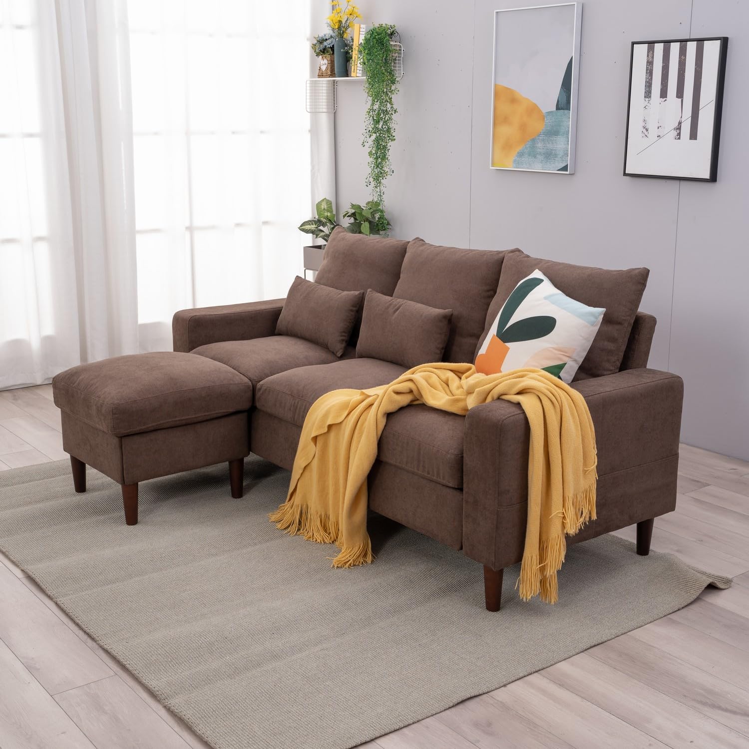 Panana Modern Convertible Reversible L-Shaped Sectional Sofa Couch Set for Small Living Room, Apartment, Office (Brown)