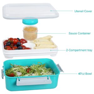 Shopwithgreen 47-oz Bento Box with Removable Tray & Dressing Pots, Food Prep Storage Containers with Lids, Coastal Aqua