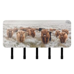 scottish highland cow in a natural winter key holder for wall, decorative wall mounted key racks with 5 key hooks, mail key organizer with hanger for entryway/door/bathroom/kitchen