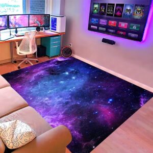 Purple Galaxy Flannel Area Rugs for Kitchen Dining Room Washable Starry Sky 3D Print Carpets Outer Space Floor Mats for Playroom Bedroom Pads,4'×6'