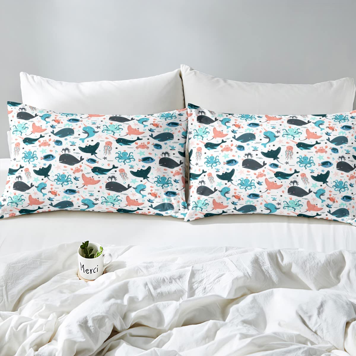 Cute Whale Bed Sheets Full Size, Kids Kawaii Cartoon Octopus Sheet Set, Jellyfish Shell Starfish Crab Fitted Sheet For Little Boys Girls, Ocean Beach Sea Animals Bedding Set With Kawaii Flat Sheet