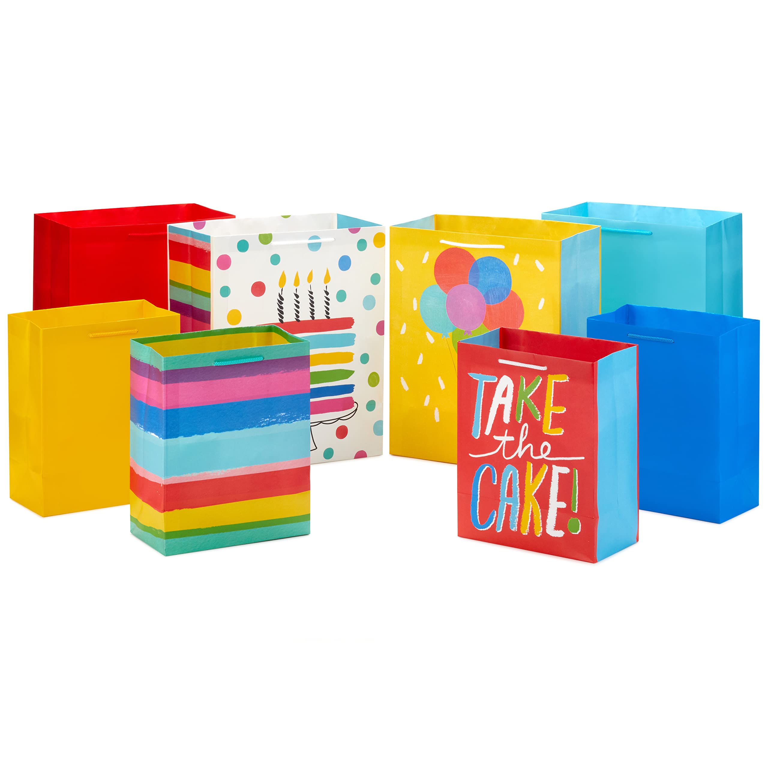 Hallmark Assorted Birthday Gift Bags (8 Bags: 4 Medium 9", 4 Large 13") Birthday Cake, Stripes, Balloons, Solids in Red, Yellow, Blue