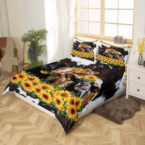 Homewish Cow Skin Printed Bedding Set,Cow Print Duvet Cover for Kids Teen Boys Girls,Yellow Sunflowers Comforter Cover Decorative Room,Farmhouse Theme Quilt Cover with 2 Pillowcases,King Size