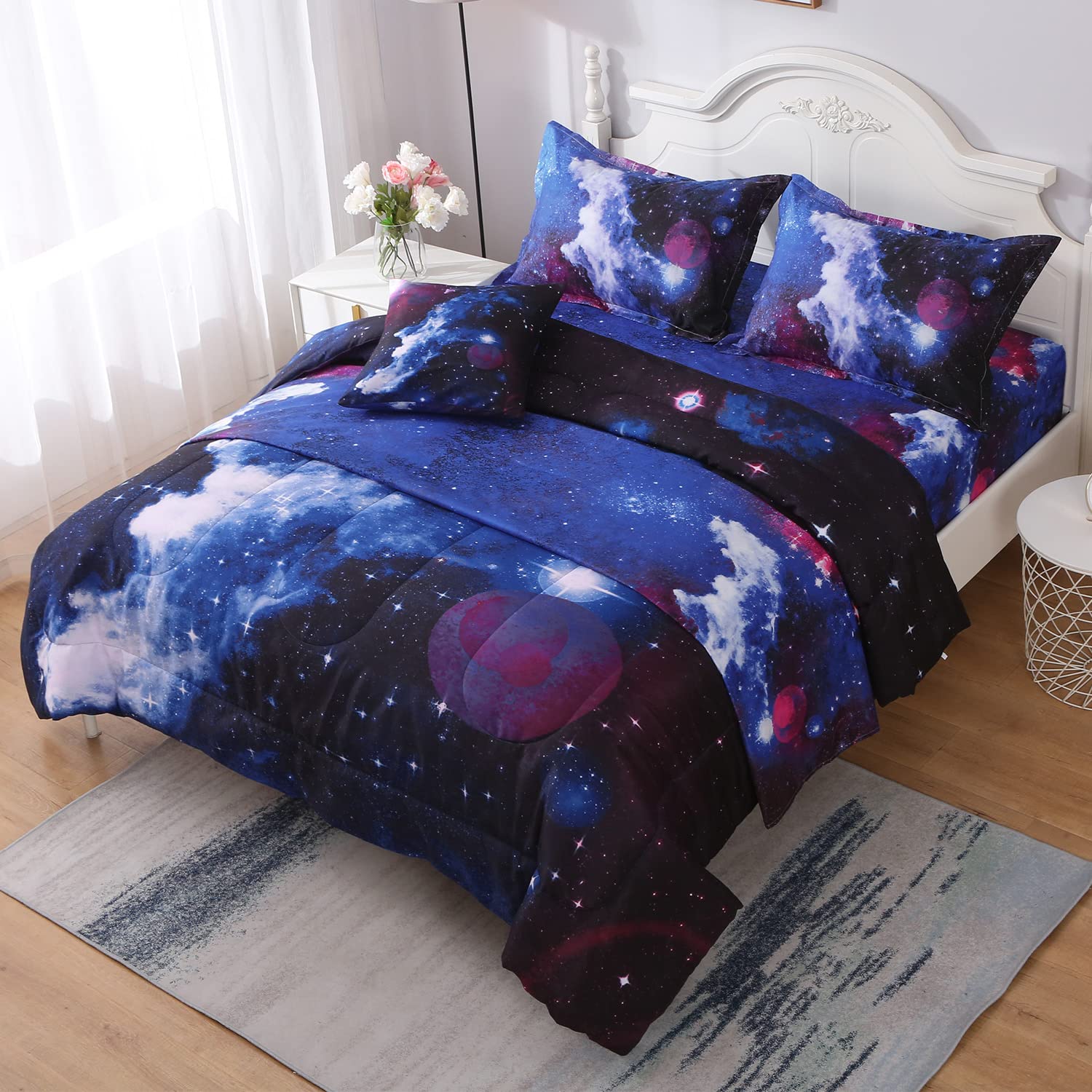 JQinHome Twin Galaxy Comforter Sets 6 Piece Bed in A Bag, Outer Space Themed Bedding for Children Boy Girl Teen Kids - (1 Comforter, 1 Flat Sheet, 1 Fitted Sheet, 2 Pillowshams, 1 Cushion Cover)