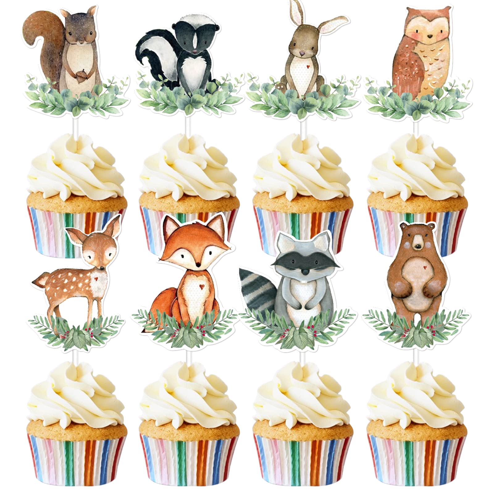 48pcs Animal Cupcake Toppers, Woodland Theme Baby Shower Decorations Woodland Creatures Baby Shower Forest Animal