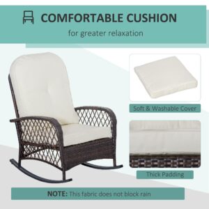 Outsunny Outdoor Wicker Rocking Chair with Wide Seat, Thickened Cushion, Rattan Rocker with Steel Frame for Patio, Garden, Backyard, Cream White