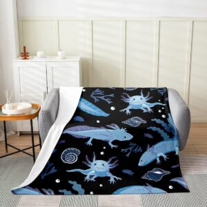 cartoon axolotl all season bed blanket, kawaii axolotl fleece fuzzy plush blanket 3d animals flannel throw blanket, for bed sofa couch kids salamander black blue ultra soft room decor throw 50"x60"