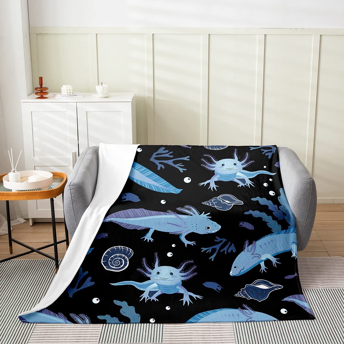 Cartoon Axolotl All Season Bed Blanket, Kawaii Axolotl Fleece Fuzzy Plush Blanket 3D Animals Flannel Throw Blanket, for Bed Sofa Couch Kids Salamander Black Blue Ultra Soft Room Decor Throw 50"x60"