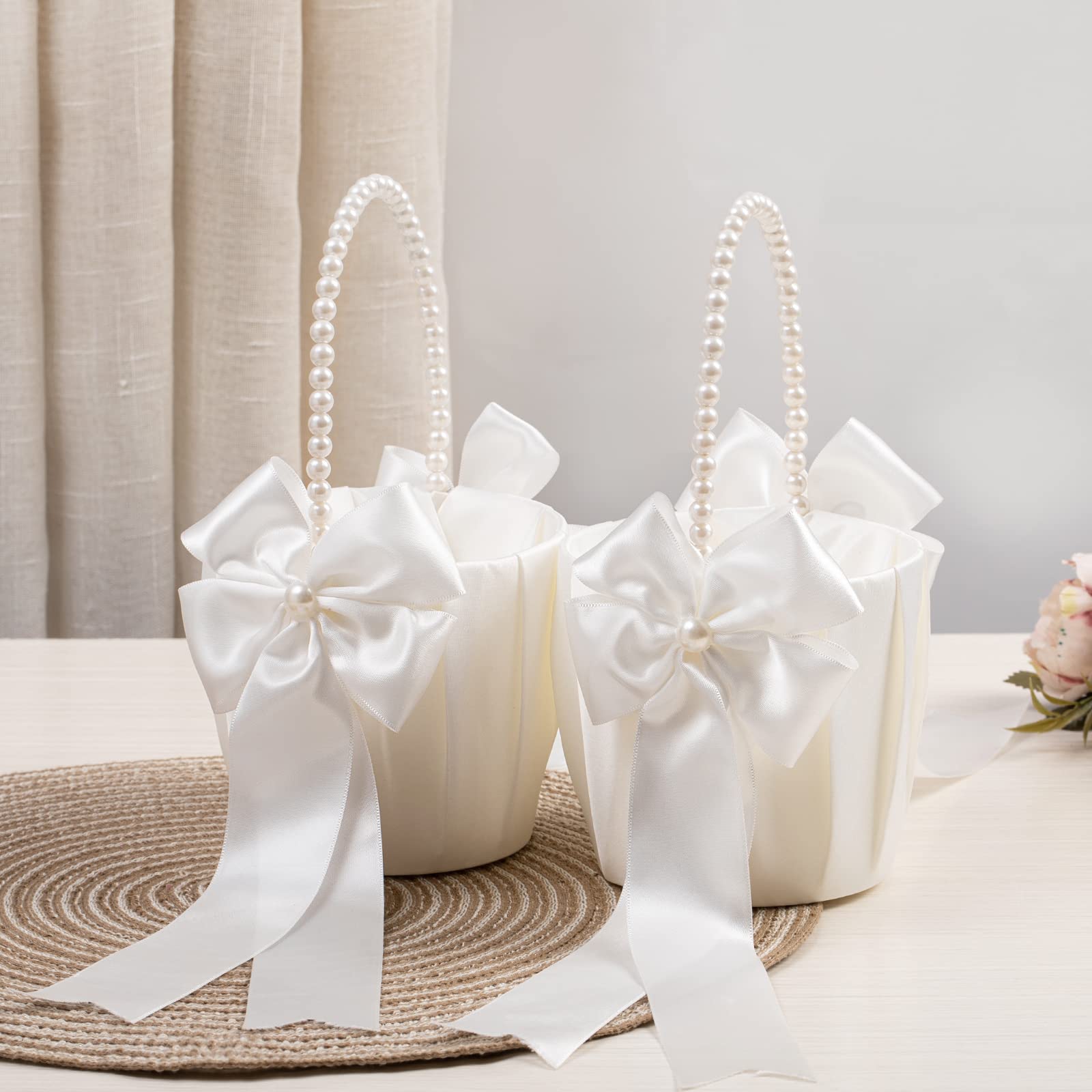 Flower Girl Baskets for Wedding,Ivory Flower Girl Basket With Pearl Handle set of 2,Wedding Baskets for Flower Girls