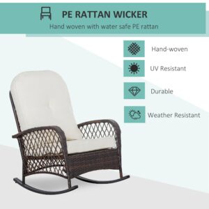 Outsunny Outdoor Wicker Rocking Chair with Wide Seat, Thickened Cushion, Rattan Rocker with Steel Frame for Patio, Garden, Backyard, Cream White