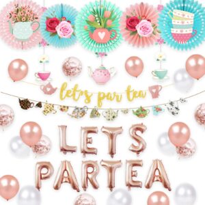 hombae tea party decorations, rose gold let's par tea balloons, rose foil balloons, tea flower cutouts for wedding bridal shower engagement bachelorette girls tea birthday party