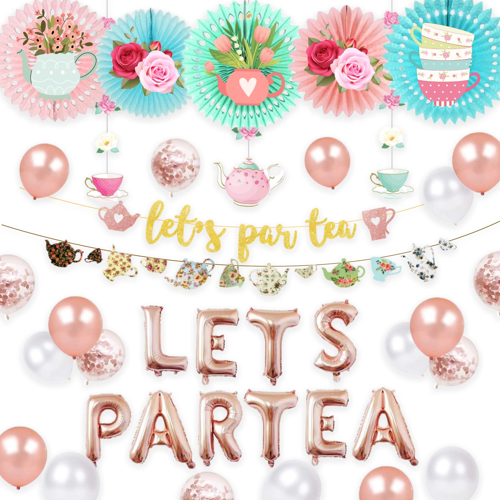 Hombae Tea Party Decorations, Rose Gold Let's Par Tea Balloons, Rose Foil Balloons, Tea Flower Cutouts for Wedding Bridal Shower Engagement Bachelorette Girls Tea Birthday Party