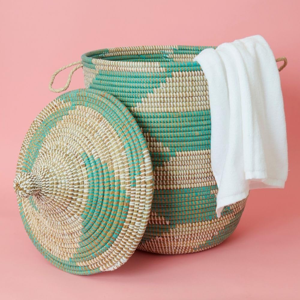 Senegalo Small/Medium Storage Basket Turquoise Blue Hooded Lid