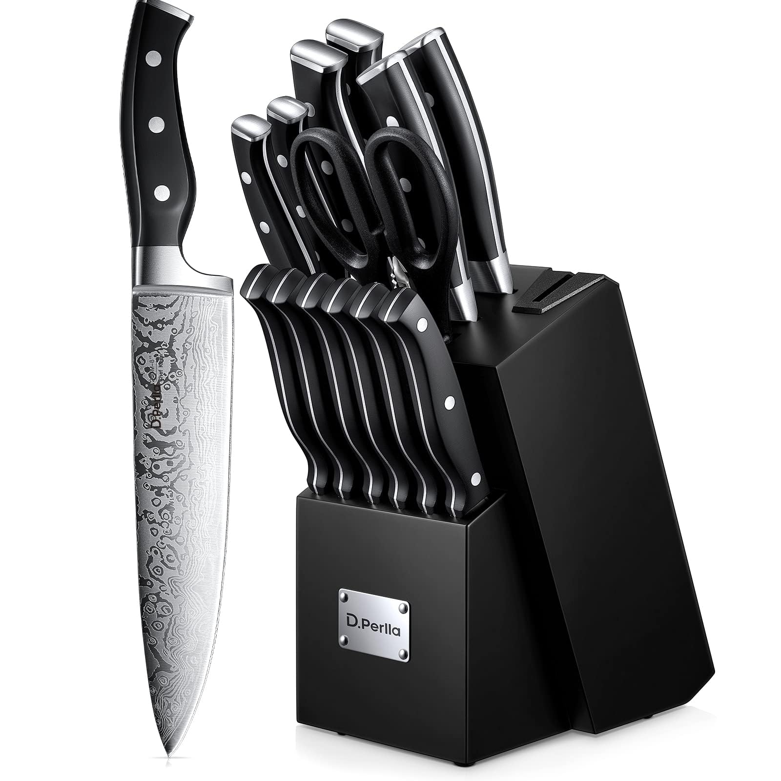 Knife Set, D.Perlla 14 Pieces Kitchen Knife Set with Built-in Sharpener, Stainless Steel Knives Block Set with Unique Waved Pattern, Non-slip Handle, Black