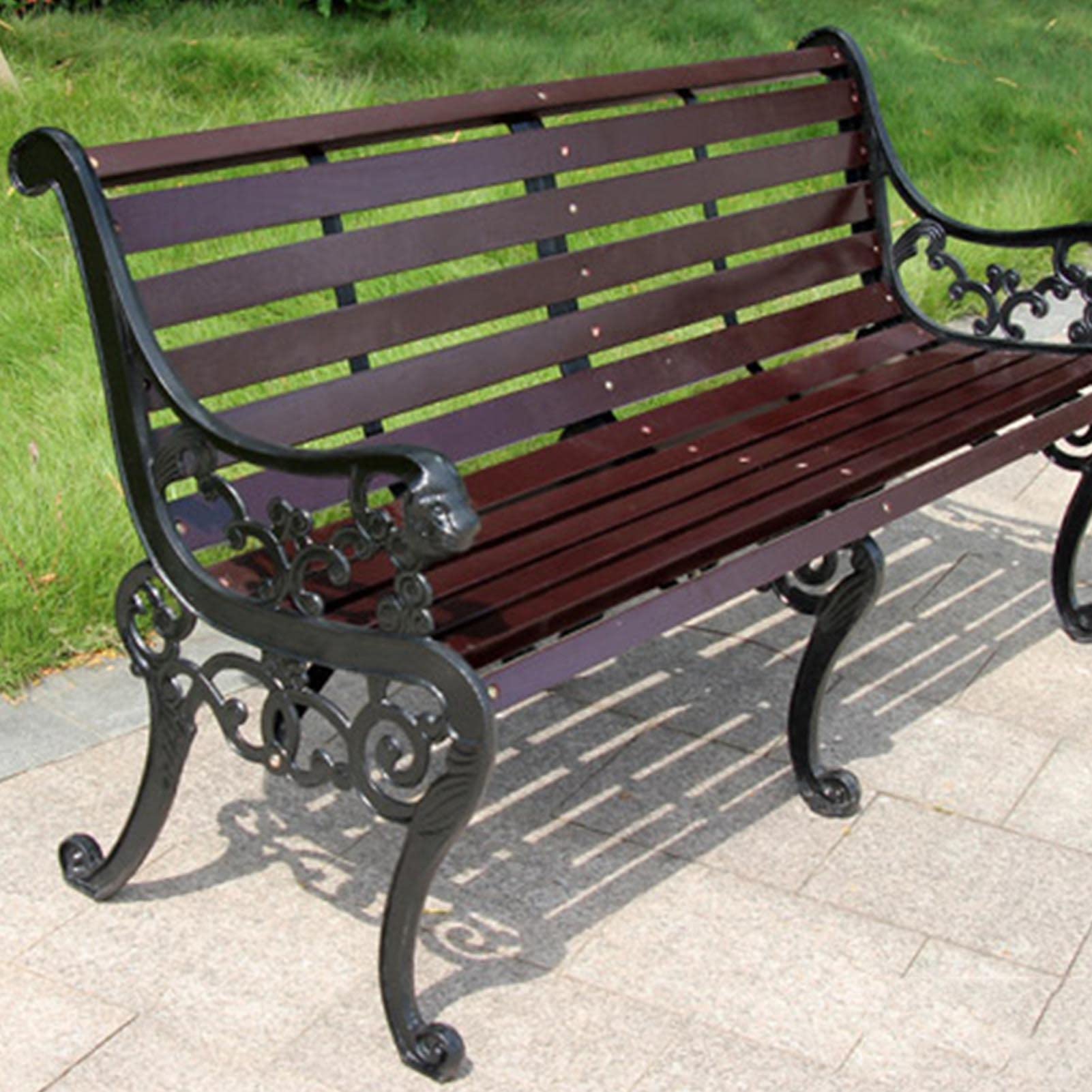 Outdoor Solid Wood Garden Park Bench, Patio Lawn Bench Porch Seat with Rust Resistant Cast Iron Frame, Slatted Seat with Backrest and Armrests for 2-3 People, Furniture for Deck/patio