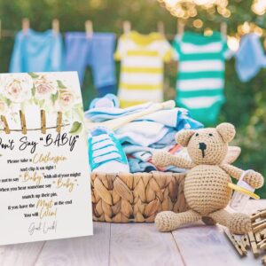 Don't Say Baby Sign, Baby Shower Clothespin Game, Includes a 5x7 Standing Sign and 50 Mini Natural Clothespins - Toctose055