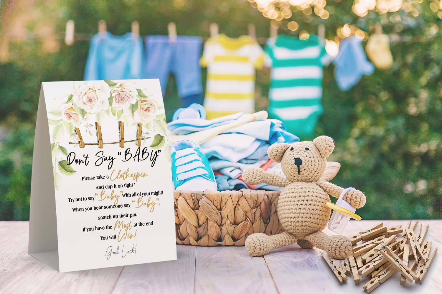 Don't Say Baby Sign, Baby Shower Clothespin Game, Includes a 5x7 Standing Sign and 50 Mini Natural Clothespins - Toctose055