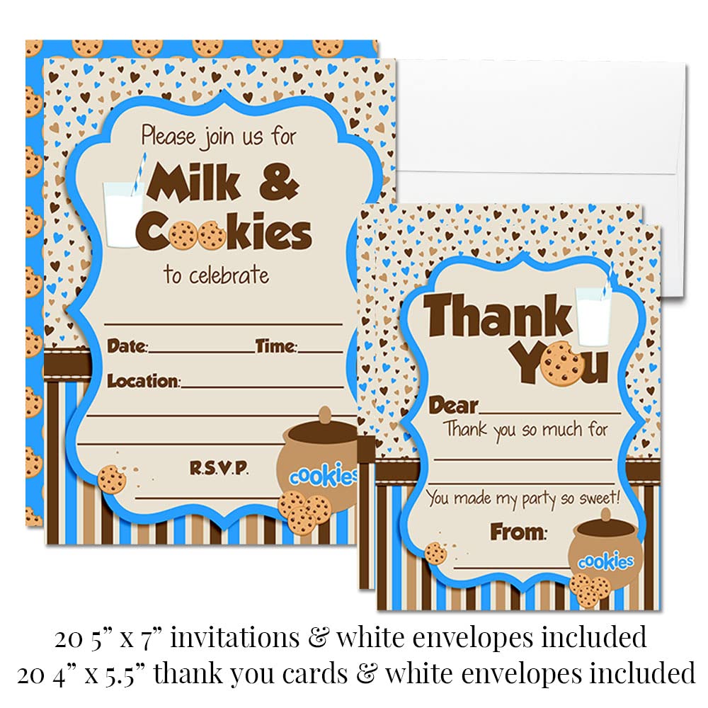 Milk and Cookies Boy Birthday Party Bundle Includes 20 each of Invitations & Thank You Cards with Envelopes + 2 Different Sizes of Stickers, Mini Candy Bar Wrappers, & Water Bottle Labels!