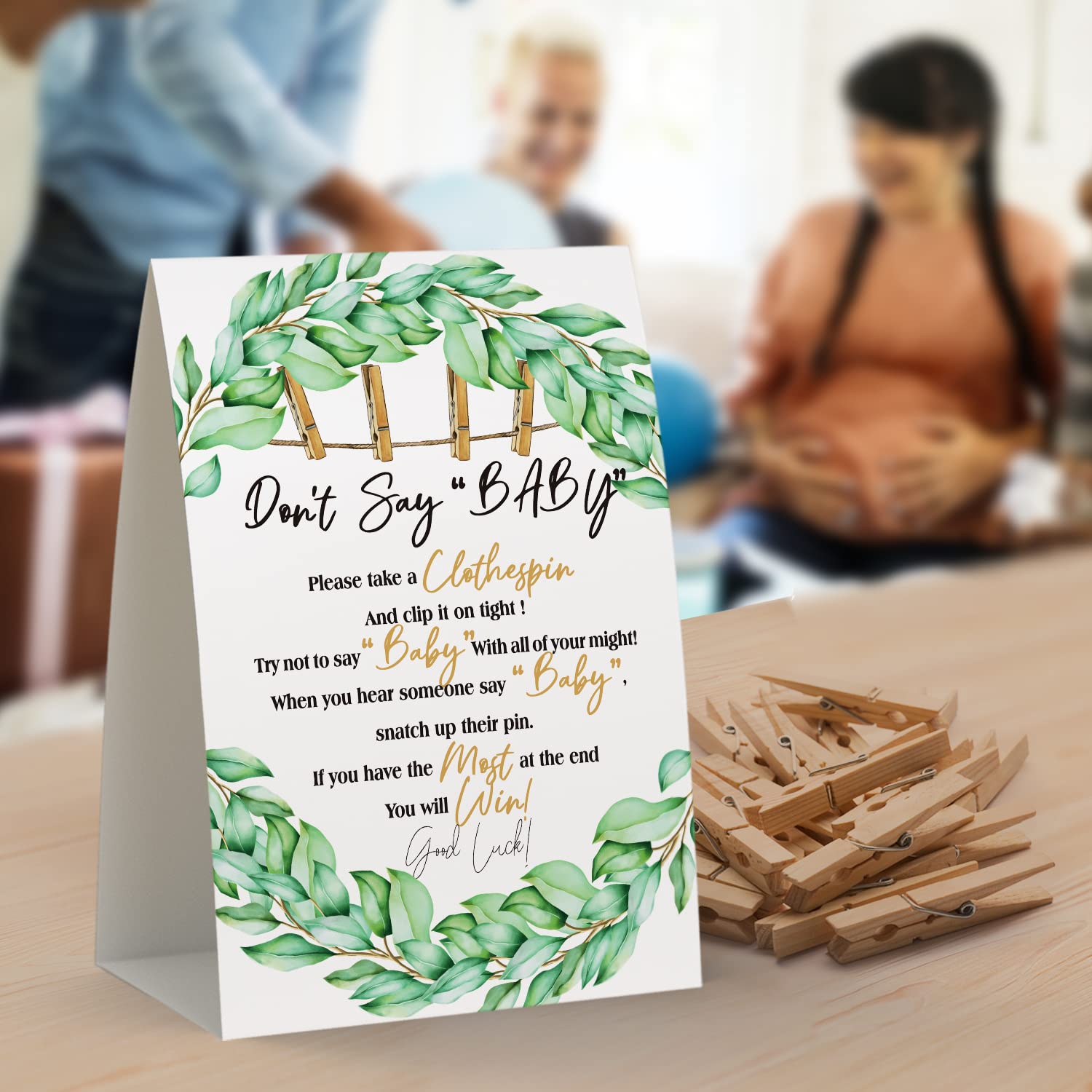 Don't Say Baby Sign, Baby Shower Clothespin Game, Includes a 5x7 Standing Sign and 50 Mini Natural Clothespins - Toctose041