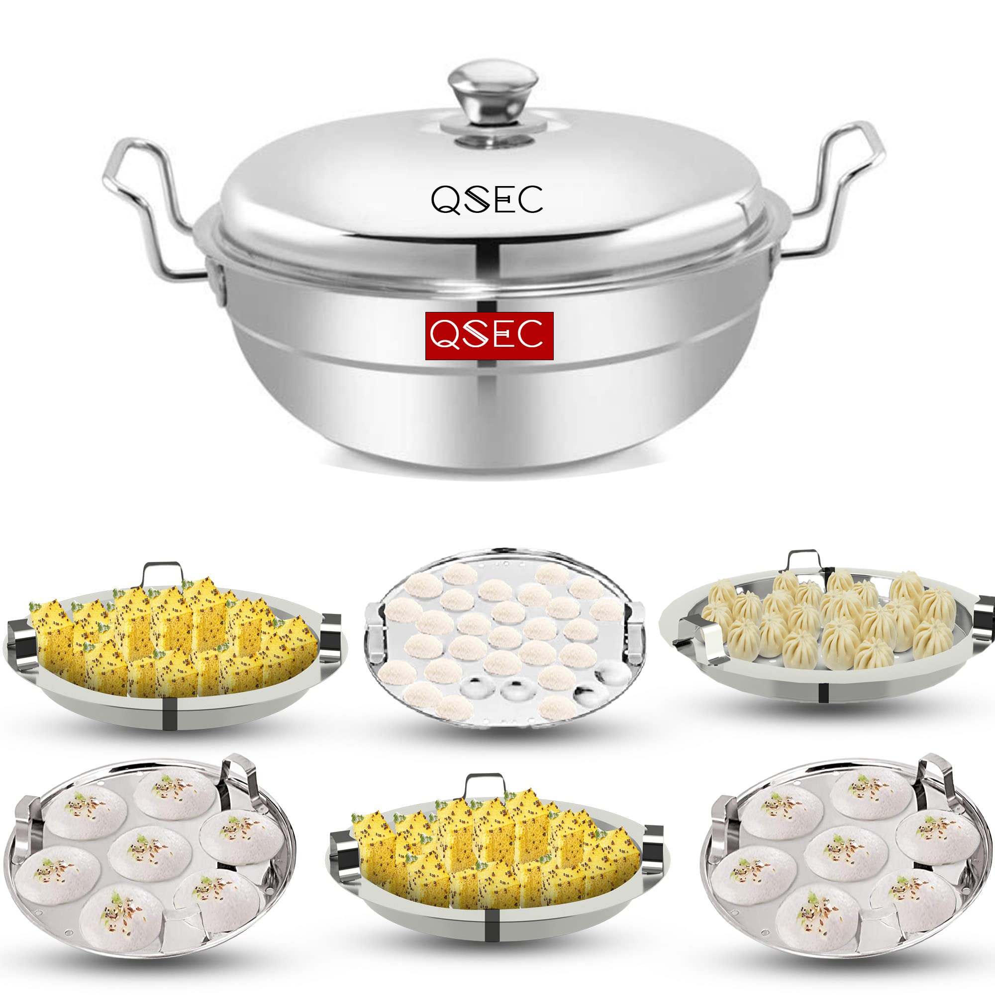 QSEC Triply bottom Idli maker Stainless Steel 4-in-1 Induction base Multi utility Kadai Idli Cooker All-in-One Big Size dhokla Cooker | 6 Plate 2 Idli | 1 mini idli 2 Dhokla 1 Patra Momo Steamer