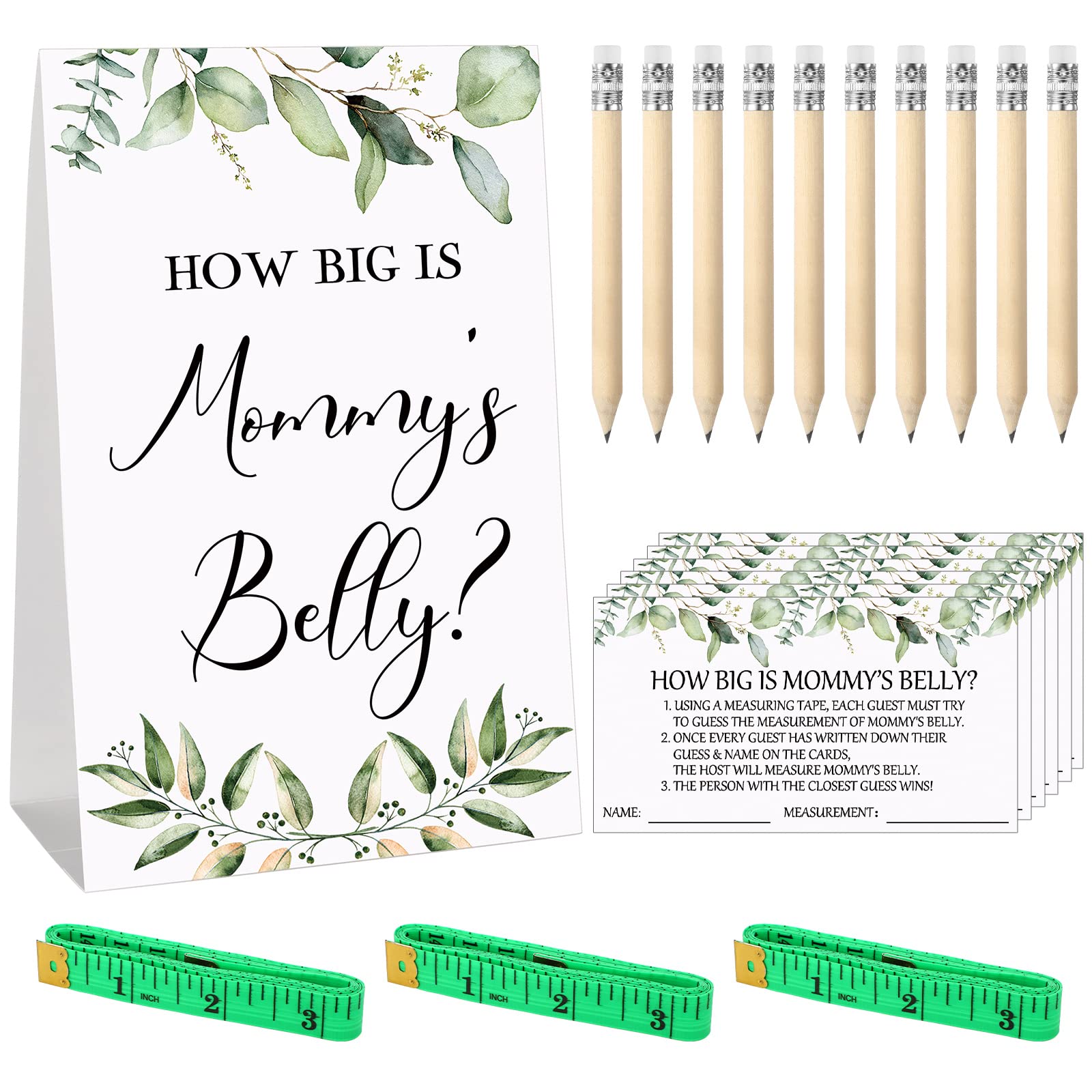 Sabary 64 Pcs Guess Baby Shower Games Include How Big is Mommy's Belly Sign Measure Baby Bump Game 50 Guessing Cards 10 Pencils 3 Measuring Tapes for Baby Shower Party(Greenery)