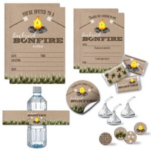 backyard bonfire birthday party bundle includes 20 each of invitations & thank you cards with envelopes + 2 different sizes of stickers, mini candy bar wrappers, & water bottle labels!