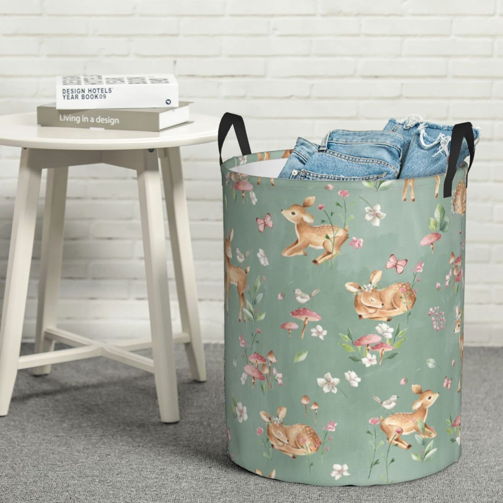 Gbuzozie 38L Round Laundry Hamper Cute Deers Storage Basket Waterproof Coating Woodland Forest Animals Butterflies And Flowers Organizer Bin For Nursery Clothes Toys