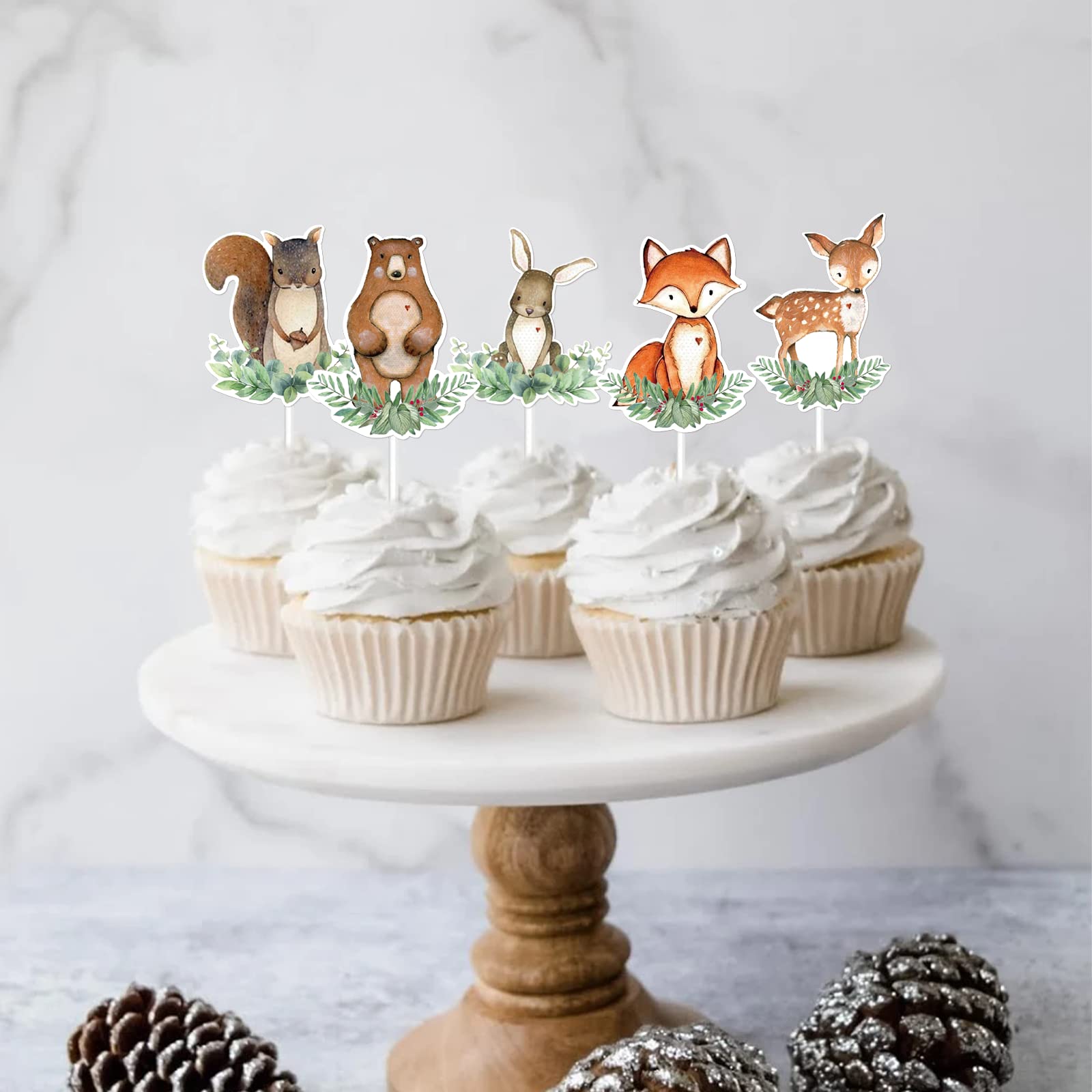 48pcs Animal Cupcake Toppers, Woodland Theme Baby Shower Decorations Woodland Creatures Baby Shower Forest Animal