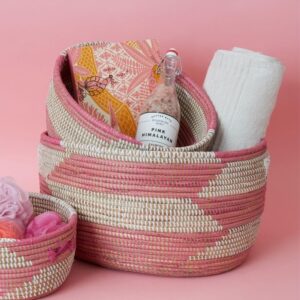 Small Open Oval Storage Basket Pink Set of 3