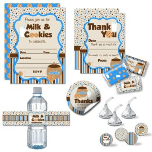 milk and cookies boy birthday party bundle includes 20 each of invitations & thank you cards with envelopes + 2 different sizes of stickers, mini candy bar wrappers, & water bottle labels!