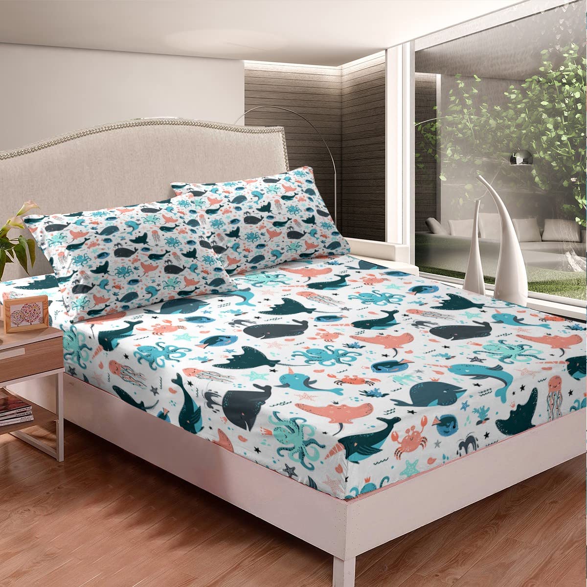 Cute Whale Bed Sheets Full Size, Kids Kawaii Cartoon Octopus Sheet Set, Jellyfish Shell Starfish Crab Fitted Sheet For Little Boys Girls, Ocean Beach Sea Animals Bedding Set With Kawaii Flat Sheet