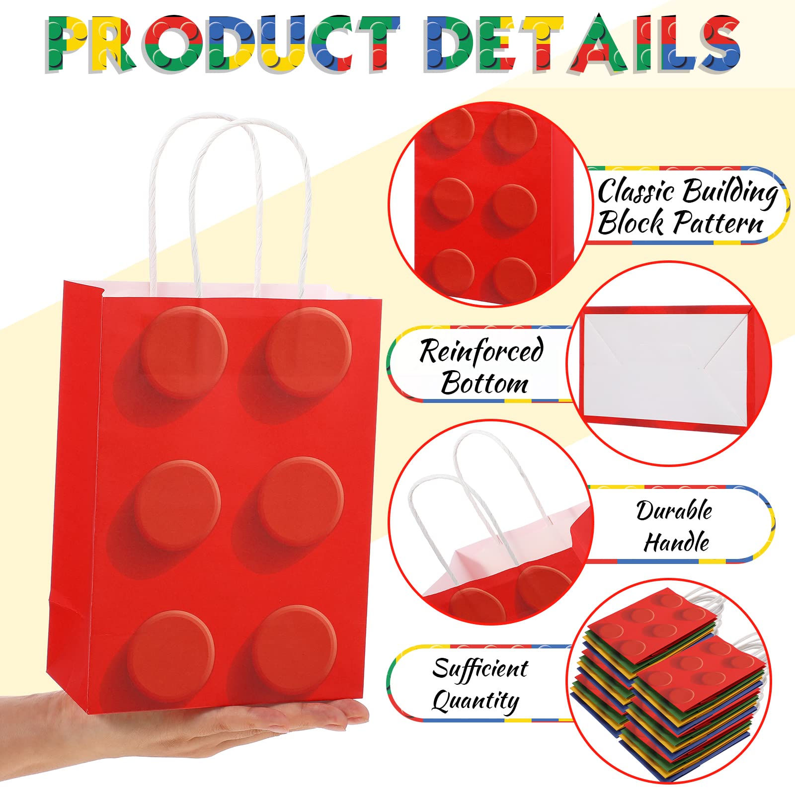 Sabary 24 Pieces Building Block Party Favor Gift Bags, Bricks Candy Treat Paper Bags, Gift Goodie Bags with Handle for Building Block Birthday Party Baby Shower Decoration Supplies