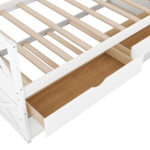 LZ LEISURE ZONE Twin Size House Bed, Solid Wood Platform Bed with Trundle, 3 Storage Drawers and Roof, White