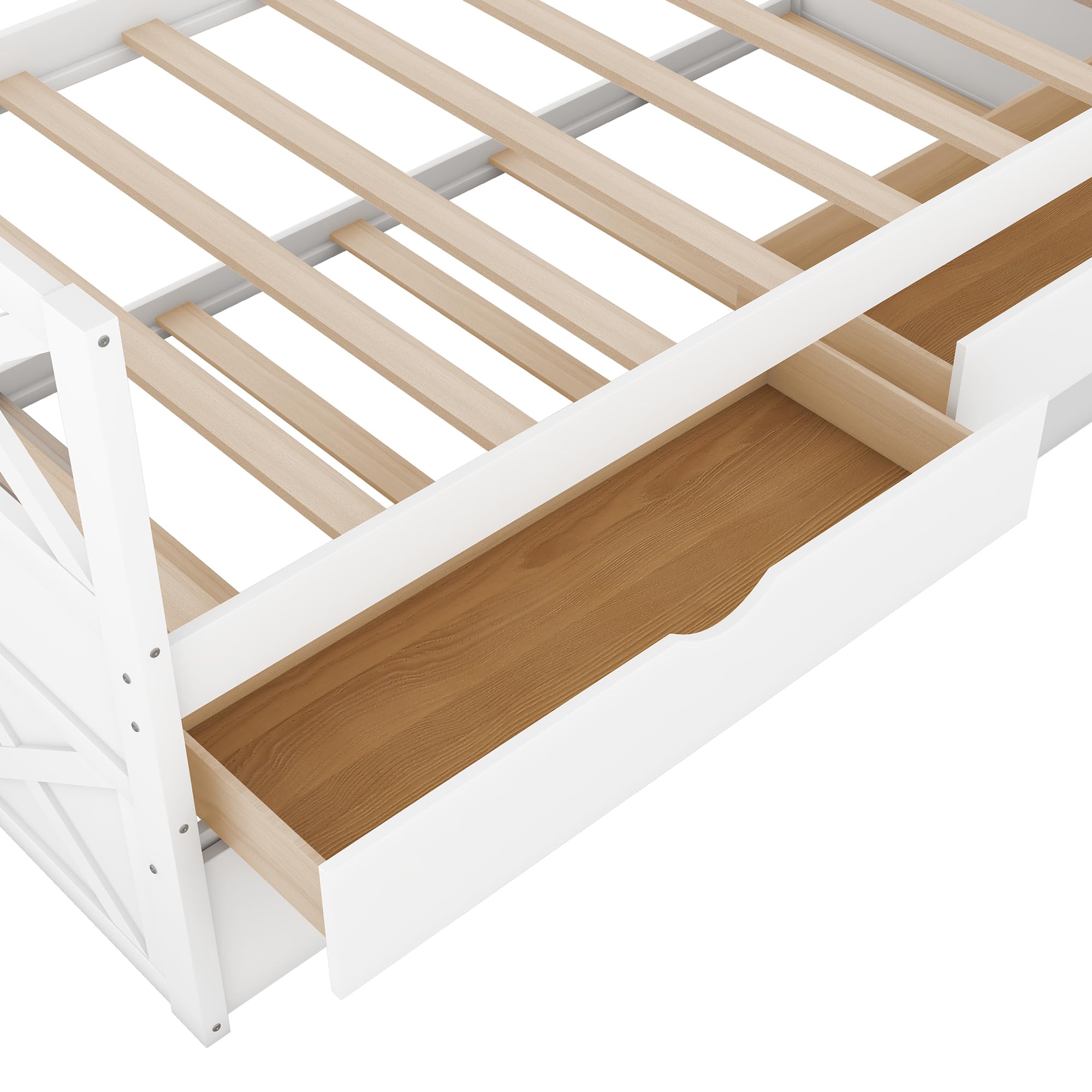 LZ LEISURE ZONE Twin Size House Bed, Solid Wood Platform Bed with Trundle, 3 Storage Drawers and Roof, White