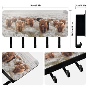 Scottish Highland Cow in A Natural Winter Key Holder for Wall, Decorative Wall Mounted Key Racks with 5 Key Hooks, Mail Key Organizer with Hanger for Entryway/Door/Bathroom/Kitchen