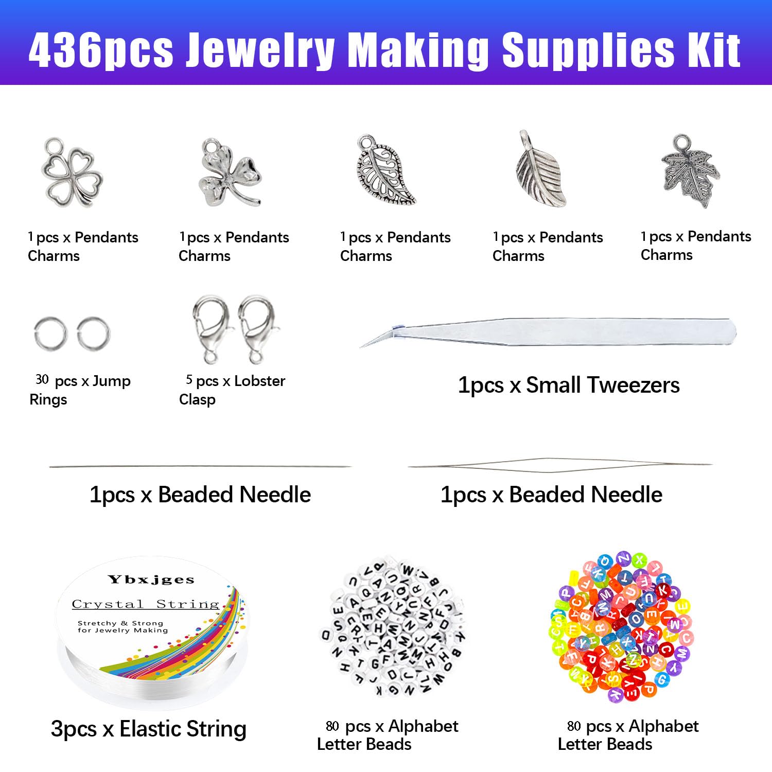 Ybxjges 42000Pcs 2mm Glass Seed Beads 12/0 Small Tiny Beads Kit with 150Pcs Alphabet Letter Beads Pendants Charms Jump Ring Elastic String for DIY Bracelets Necklace Jewelry Making Supplies