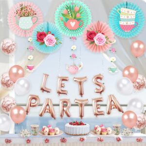 Hombae Tea Party Decorations, Rose Gold Let's Par Tea Balloons, Rose Foil Balloons, Tea Flower Cutouts for Wedding Bridal Shower Engagement Bachelorette Girls Tea Birthday Party