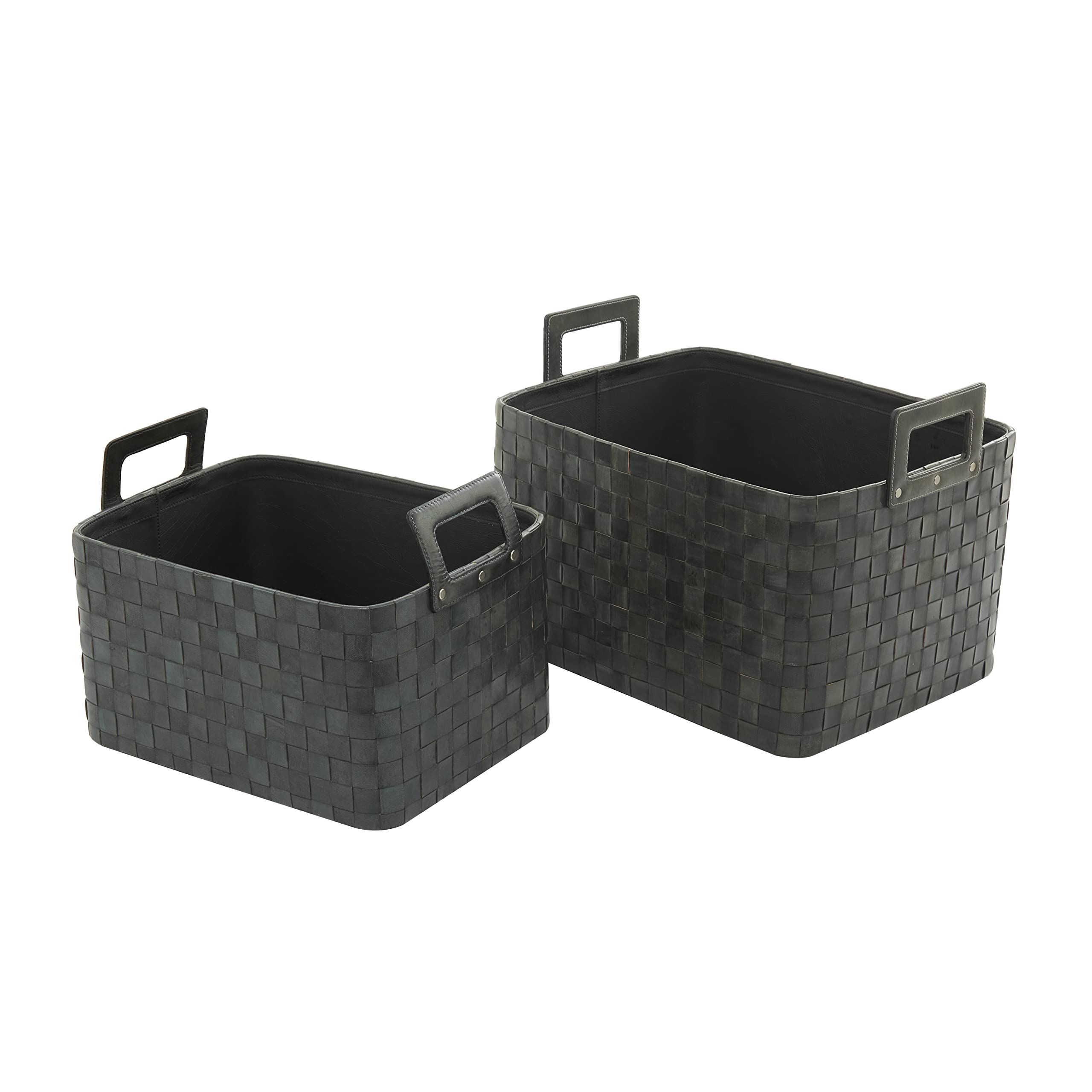 Deco 79 Leather Rectangle Storage Basket with Handles, Set of 2 20", 17"W, Dark Blue