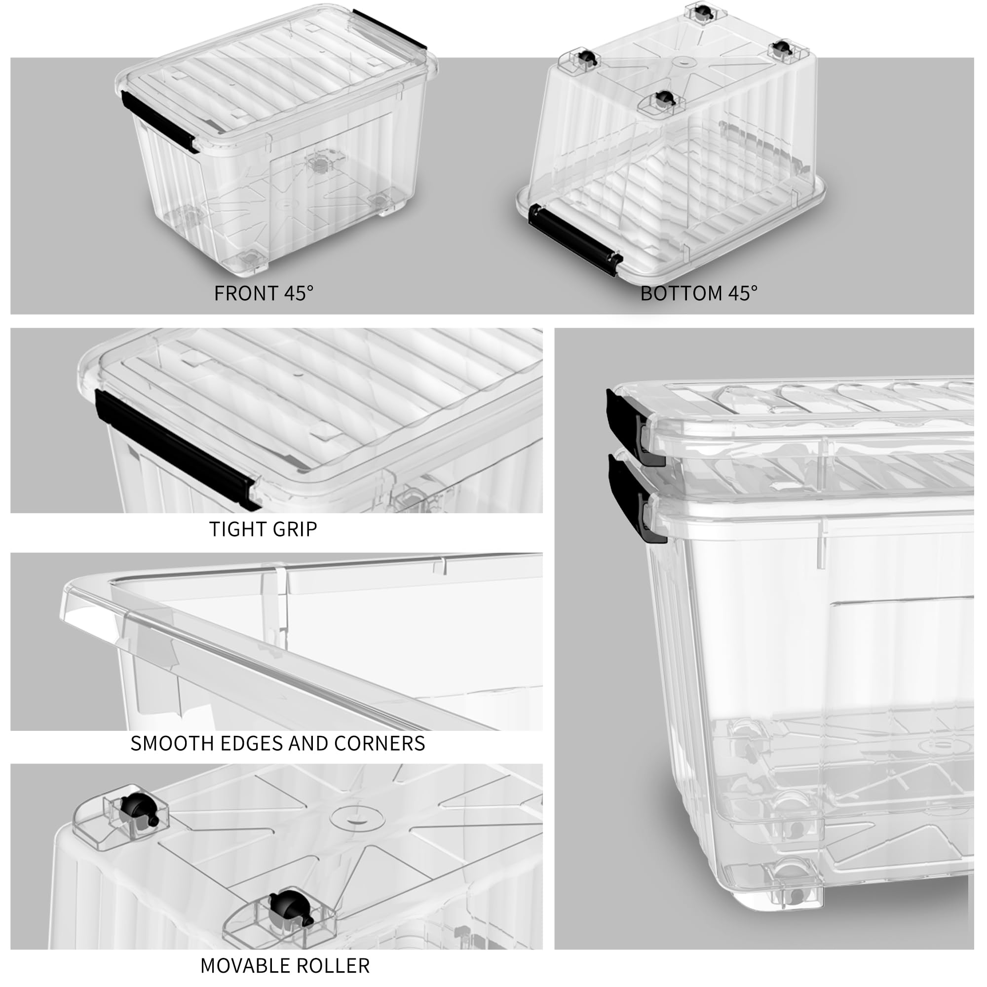 Cetomo 85Qt*6 Plastic Storage Bins, Storage Box, 6 Pack, Organizing Container with Wheels, Durable Lids and Secure Latching Buckles, Stackable and Nestable, Clear with Black Buckle