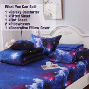 JQinHome Twin Galaxy Comforter Sets 6 Piece Bed in A Bag, Outer Space Themed Bedding for Children Boy Girl Teen Kids - (1 Comforter, 1 Flat Sheet, 1 Fitted Sheet, 2 Pillowshams, 1 Cushion Cover)