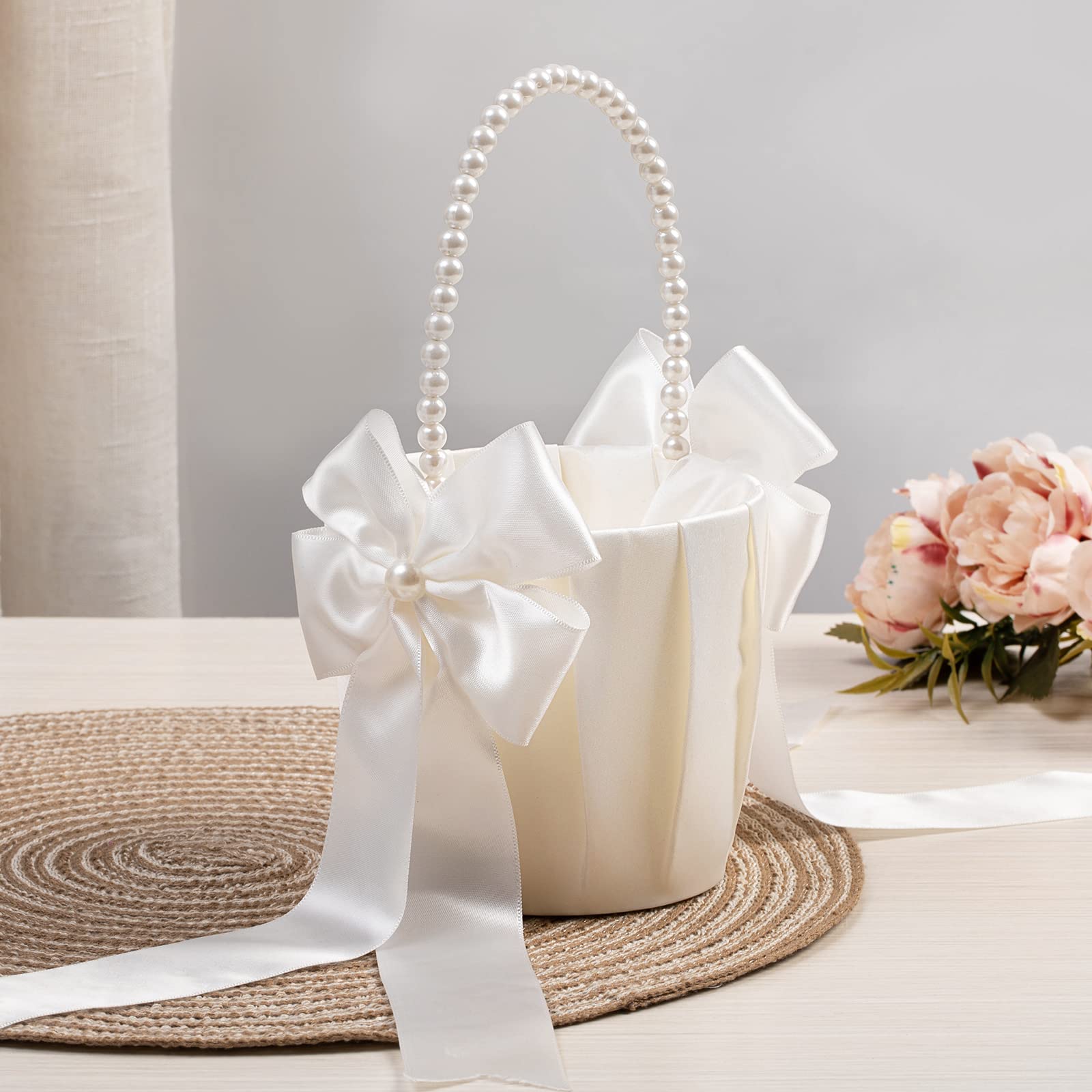 Flower Girl Baskets for Wedding,Ivory Flower Girl Basket With Pearl Handle set of 2,Wedding Baskets for Flower Girls