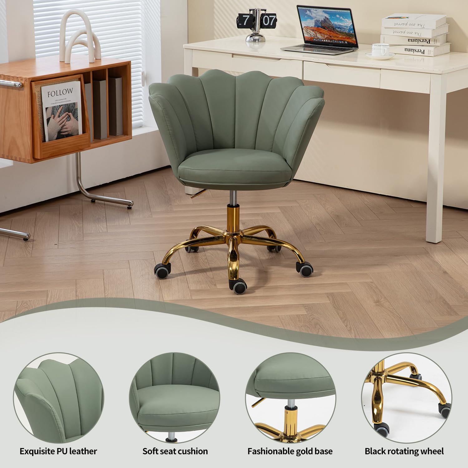 hegmentine Modern Home Office Chair Desk Chair Task with Wheels Swivel Vanity Chair Makeup Chair Height Adjustable Chairs Velvet Living Room, Bedroom (Olive Green)