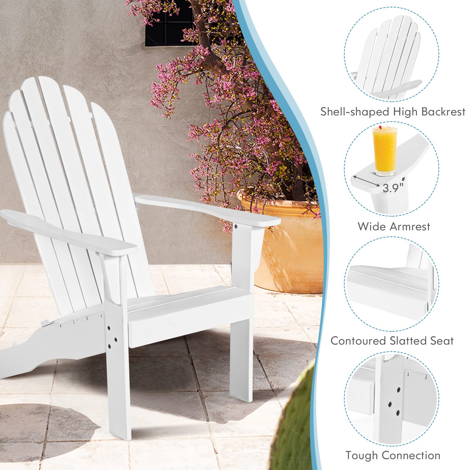 Tangkula Adirondack Chair, Acacia Wood Adirondack Lounger Chair, Outdoor Armchairs with Slatted Seating, Weather Resistant, for Patio Deck Lawn Backyard, Garden Adirondack Furniture (4, White)