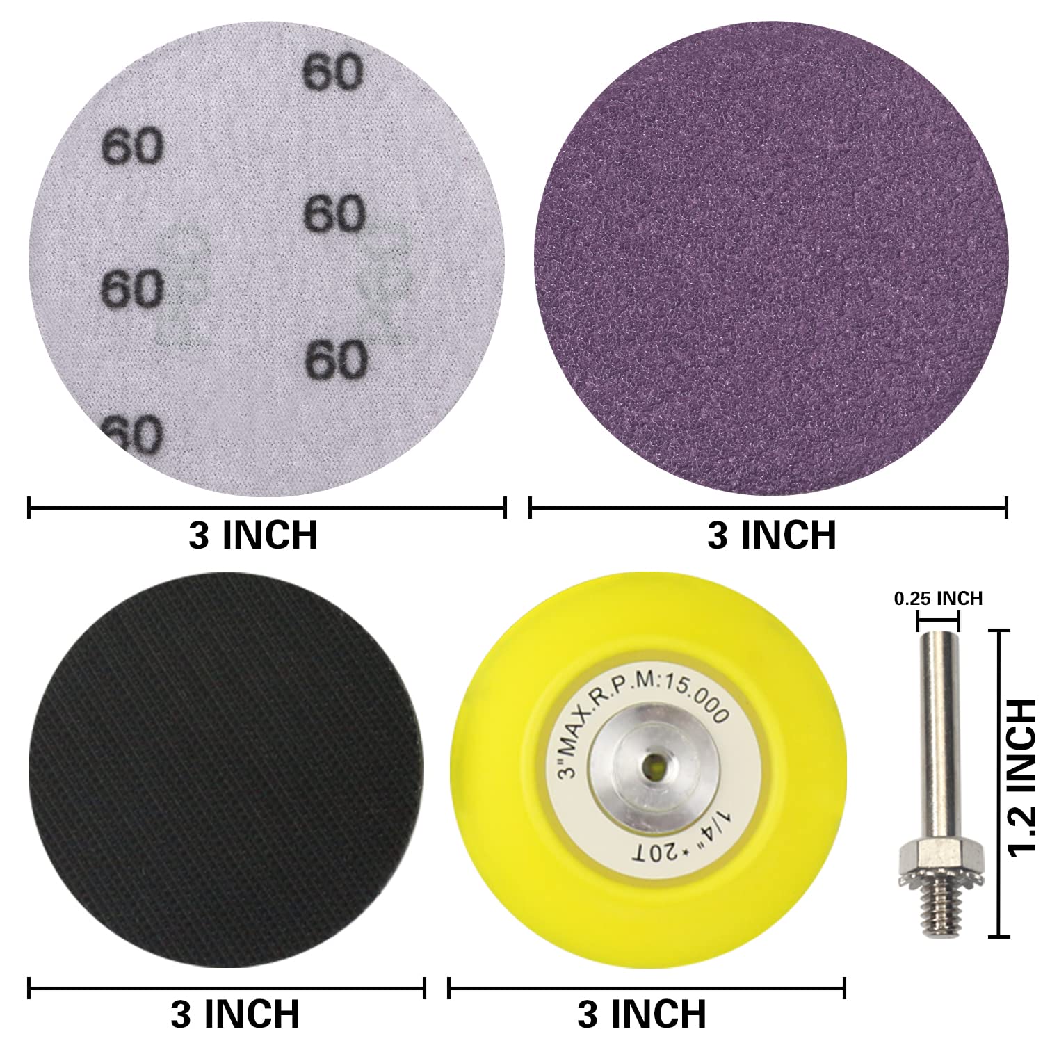 3 Inch Sanding Discs Alumina Abrasive Hook and Loop Sandpaper 600 to 5000 Grits, 1/4 in Backing Pad and Soft Foam Buffering Pad for Wood Metal Car