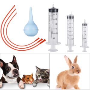 7 Pack Tube Feeding Kit for Puppies Puppy Feeding Tube Includes 3 Pack 8 FR Red Feeding Tubes, 3 Pack 10 ml 30 ml 60 ml Syringes, Bulb Syringe for Lamb Goat Puppy Whelping Kitten Measuring Watering