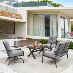 Kamont 4 PCS Patio Furniture Conversation Set Outdoor Furniture Set Metal Chairs w/All Weather Cushioned Love Seat,Poolside Lawn Chair,Coffee Table (Grey)