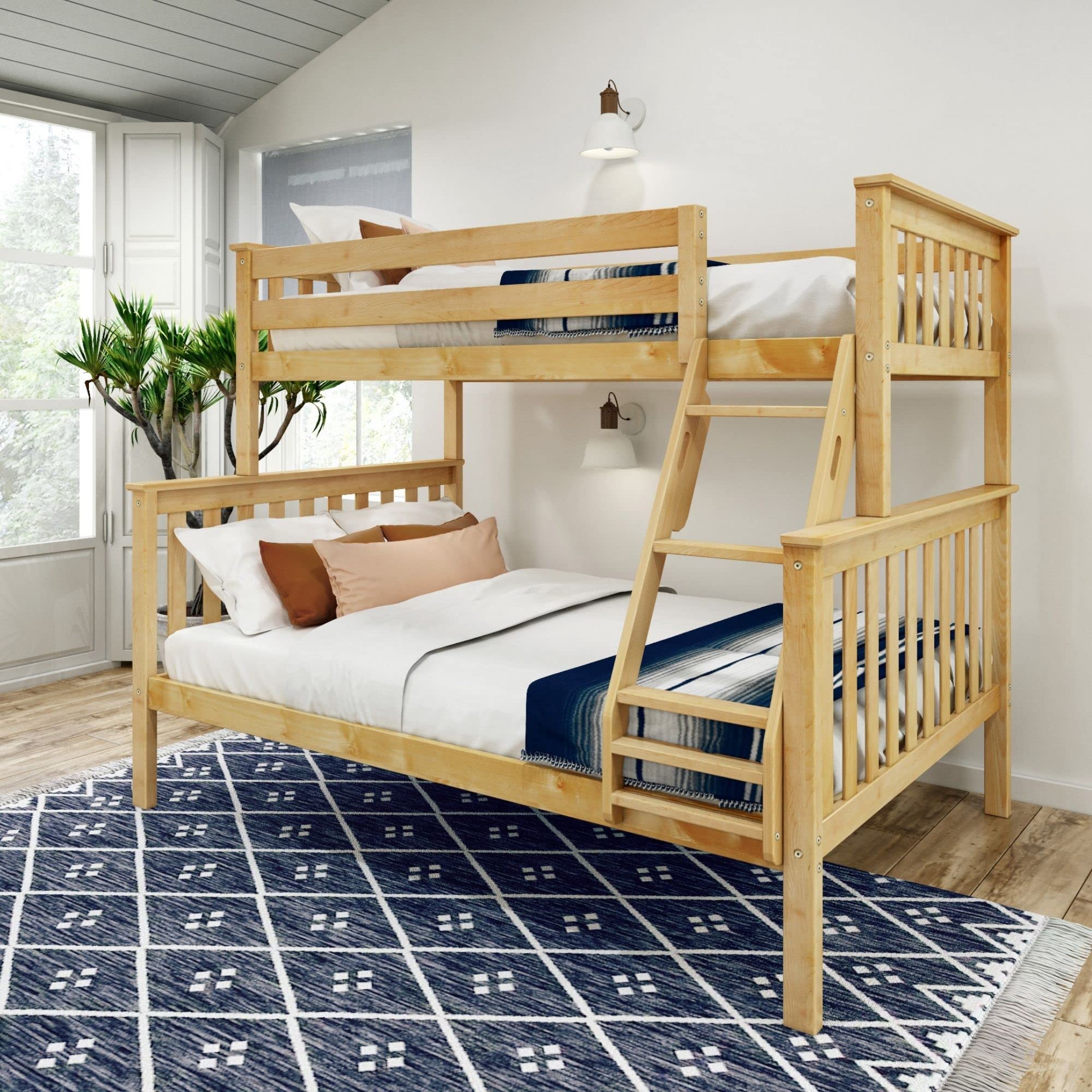 Plank+Beam Classic Wooden Bunk Bed Twin Over Full Size, Platform Bed Frame with Bunk Bed Ladder and Wood Slats for Adult, Space Saving Bed, Easy to Assemble, No Box Spring Needed, Natural